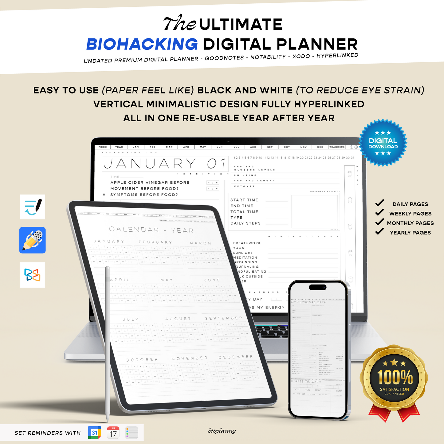 2025 Undated Biohacking Digital Planner